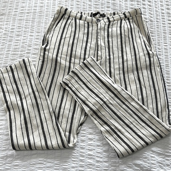 Zara TRF Womens Cotton Pants Cream Black Striped High Waisted Trousers Sz S New - Picture 10 of 17
